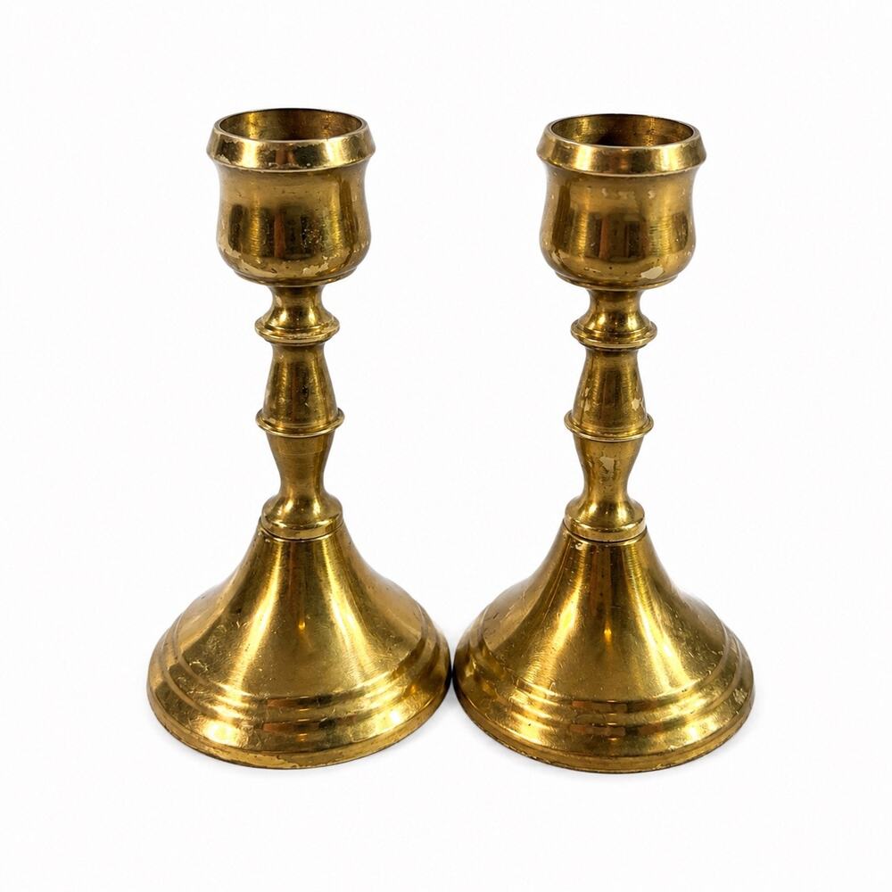 Vintage Pair Solid Brass Candlestick Holders 4 Inch Taper Candle Home Decor